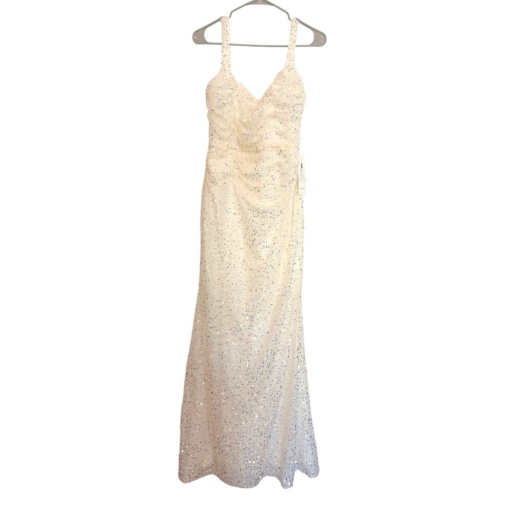 White Iridescent Sequin Evening Gown Ruched Bodice Prom Wedding 
Homecoming NEW
